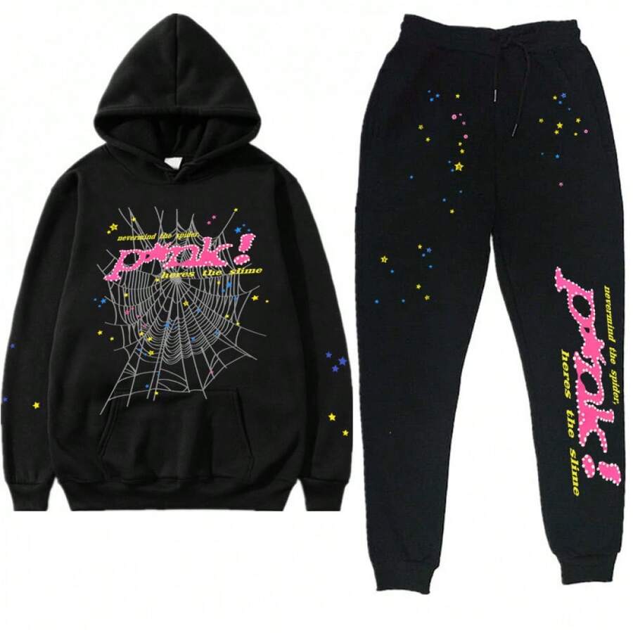 American Hip-Hop Singer Letter Print Couple Sweatshirt Unisex Hoodie Set Black Casual Wear Vacation Wear Streetwear Fabric - Y黑色灰網粉紅pink - 查看 1