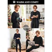 NEW-Men's Long Johns Thermal Underwear Micro Soft Fleece Lined Base Layer Set Cold Weather Warm Underwear Top And Bottom - Black - View 4