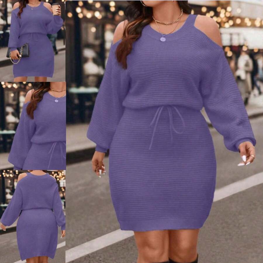 طقم كنزة صوفية محبوكة كتف مكشوف مع تنورة قلم أنيقة للنساء في فصل الخريف