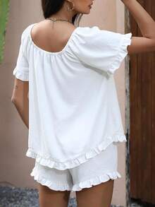 Women's Summer Lounge Set Short Sleeve Scoop Neck Ruffle Trim Tops Shorts Sleepwear - Ivory - View 2