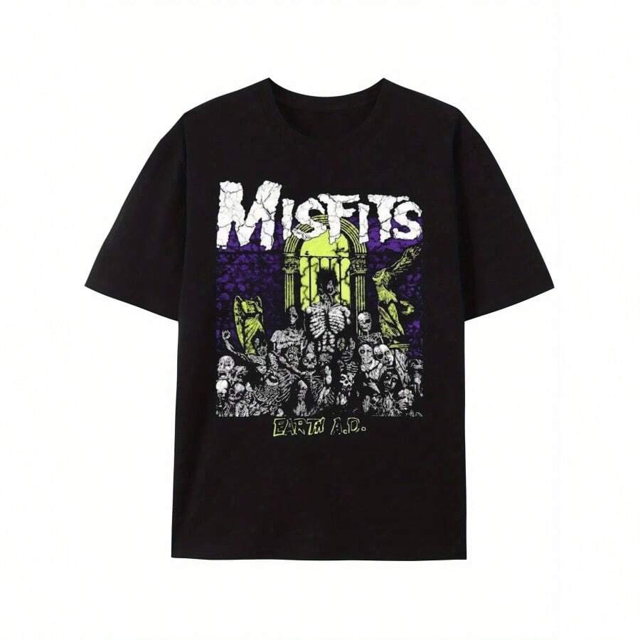 Misfits Vintage Graphic T-Shirt For Men - Retro Halloween Design With Zombie & Skull Print, Loose Fit Crew Neck, Black With White & Yellow Artwork, Casual Casual Attire, Halloween T Shirt, Comfortable Clothing, Durable Fabric - màu đen - Xem 1