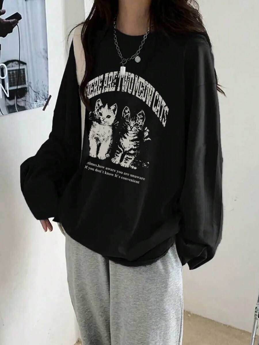 女款寬鬆版型字母與貓咪印花長袖T恤,春秋兩季百搭 - 黑色 - 查看 1