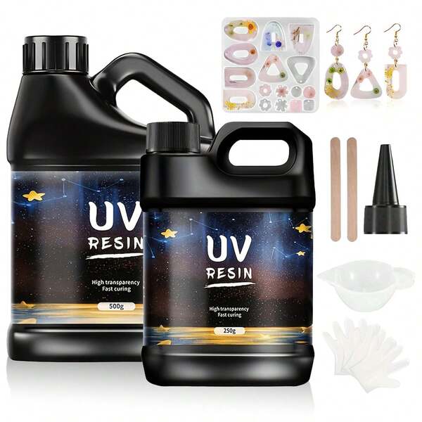 250g/500g UV Resin Kit - Crystal Clear Solar Activated Epoxy Resin For Jewelry Making & Crafts - Fast Curing (30s With UV Lamp), High Hardness, Bubble-Free & Pre-Mixed Formula