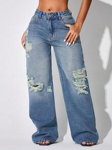 Low Waist Wide Leg Casual Blue Ripped Slanted Pocket Curved Women'S Jeans