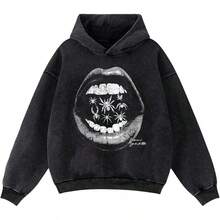 Lips Pattern Men's Graphic Hoodie Oversized Drop Shoulder Long Sleeve Streetwear Vintage Pullover Sweatshirt-Plus Size Tops For Teens - Môi đen - Xem 1