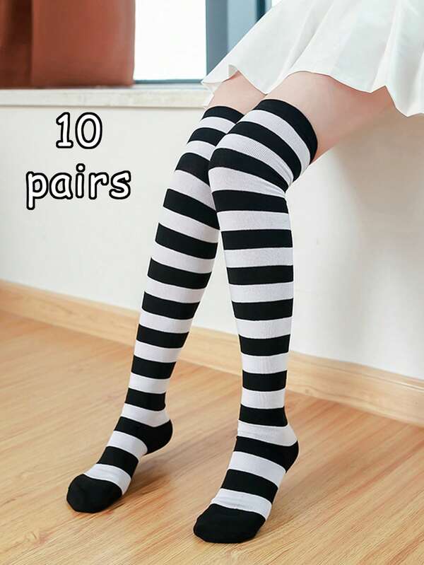10 Pairs Of Black And White Striped Children's Over-The-Knee Socks For Girls' Daily Casual Wear; Girls' Over-The-Nee Socks; Student Socks.Knee Socks