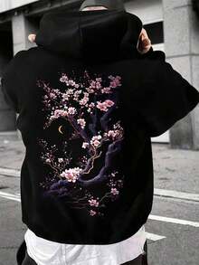 Men's Casual Cherry Blossom Print Loose Hoodie Sweatshirt, Autumn  Loose American Retro Sports Casual Street Hip-Hop Printed Hoodie Drawstring Hoodie Pocket Design Couple Set Unisex - 黑色 - 查看 8