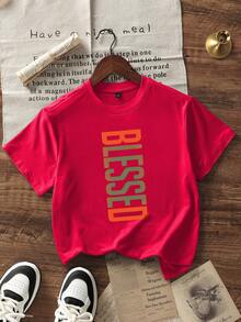 Camiseta de manga corta con cuello redondo y estampado gráfico casual para niños y adolescentes, top de verano - Rojo - Ver 2