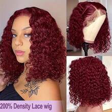 200% 密度 16 英寸 99J 酒红色杰瑞卷全蕾丝前假发 13x4 预拔毛高清透明杰瑞卷蕾丝前假发混合发预拔毛深波浪卷混合发纤维蕾丝前假发，适合 - SBUG - 查看 4