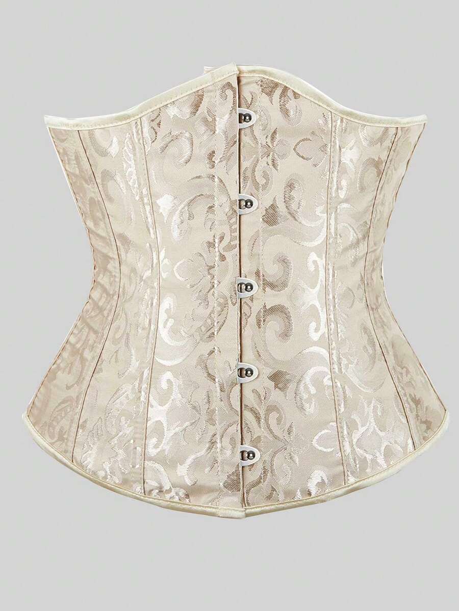 Vintage Jacquard Lace-Up Back Fishbone Corset Top, Fashionable Outerwear Bodycon Shapewear Top - Apricot - View 1