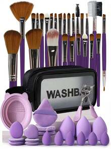 46件套专业化妆工具套装，化妆刷套装，混合化妆美容工具，包含25支化妆刷：粉底刷、散粉刷、腮红刷、高光刷、眼影刷套装、化妆刷套装、化妆刷套装、完整化妆套装、化妆刷套装、完整化妆套装、化妆刷套装、化妆刷套装、化妆礼盒套装 - 紫色 - 查看 16