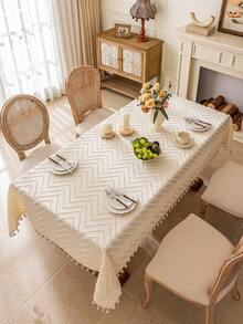 1pc Minimalist Beige Tablecloth, 3D Geometric Wavy Cutout Design With Beige Floral Lace Trim, Washable, Suitable For Dining Table, Dresser, Home Decor, Parties, Holidays, Hotels, Indoor & Outdoor Use, Autumn/Winter