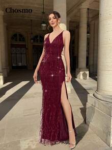 CHOSMO吊带舞会礼服，适合高中圣诞舞会，露背吊带流苏高腰侧开衩亮片长裙，端庄修身晚礼服，约会之夜礼服，优雅正式礼服，女士正式舞会礼服，高开衩飘逸派对礼服，适合情人节、休闲婚礼、春季等场合。 - 酒紅色 - 查看 10