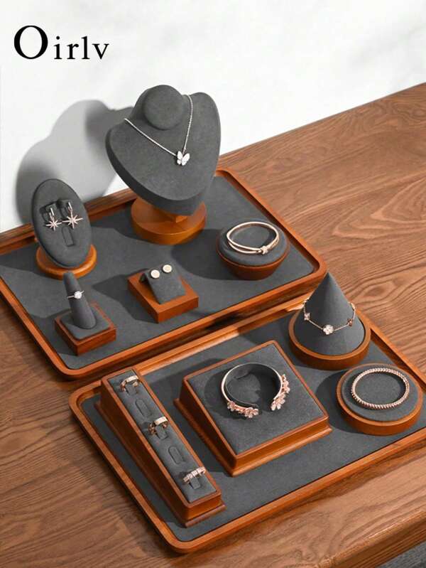 Oirlv Bandeja de madera maciza para joyas, soporte para exhibir pulseras, anillos, organizador de joyas, soporte para exhibir collares, plato para joyas - Beige