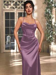 女士优雅紫色缎面细肩带褶饰后系带开衩连衣裙，适合宴会、派对、婚礼伴娘 - 紫色 - 查看 6
