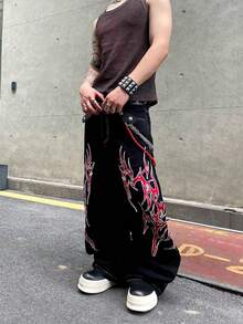 1 chiếc quần jeans nam ống rộng dáng suông, thương hiệu thời trang đường phố Mỹ, họa tiết thêu, kiểu dáng đa năng (Không bao gồm thắt lưng và phụ kiện) - màu đen - Xem 4