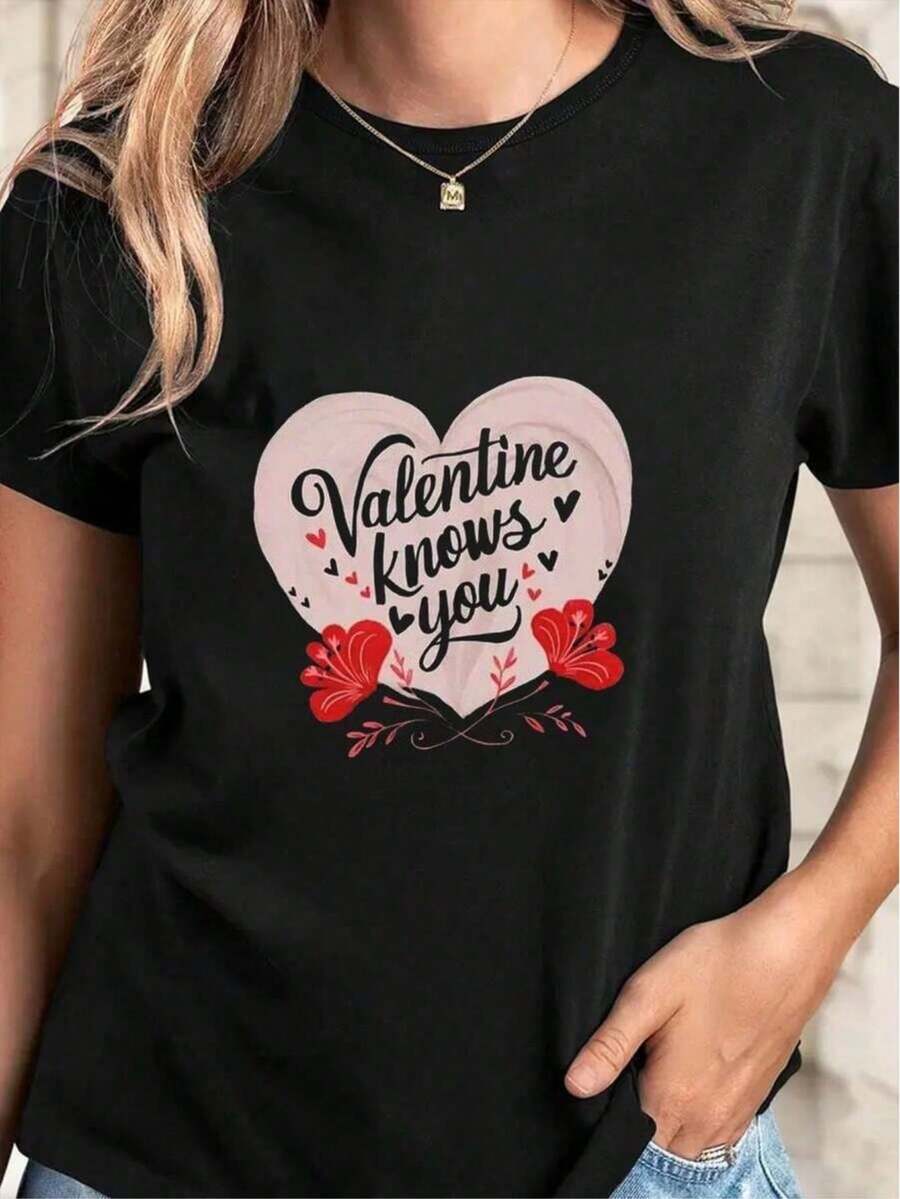 Valentine Day T-Shirt Print Round Neck Short Sleev