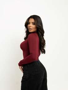Women's Long Sleeve Square Neckline Suplex Bodysuit Without Pads Autumn Winter Immediate Shipping - Maroon - View 2