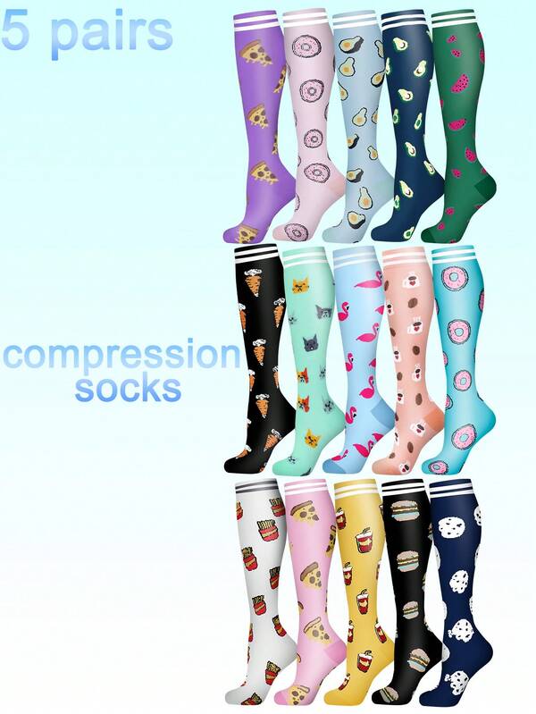 5 pares de calcetines de compresión con diseños de dibujos animados para hombres y mujeres, aptos para deportes, fitness, maratón, gimnasia, senderismo, campamento, etc. Fabricados en mezcla de nailon y poliéster.