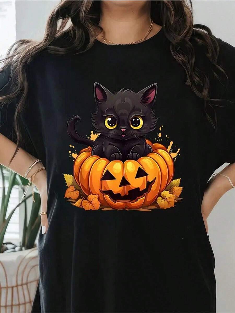 Women'S T-Shirt Featuring A Humorous Spooky Black Cat And Pumpkin For Halloween,Nightmare Before Christmas,Christmas,Halloween Costumes,Funny T Shirts,Summer Outfits,Thanksgiving Day,Men Graphic Tees,Streetwear Men - màu đen - Xem 1