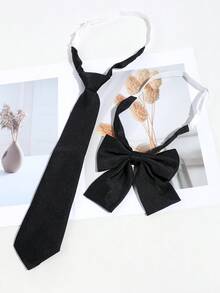 2 件女士时尚纯色黑/棕/红/绿/藏青色校服风格颈带和领结套装，适合搭配衬衫圣诞节