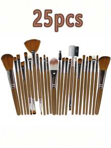 50件套棕色专业化妆工具套装，大容量化妆包套装，包含：1个化妆包、25支化妆刷、1个发带、2个腕带、5个水滴形化妆海绵、5个三角粉扑、5个迷你水滴形化妆海绵、5个迷你指套粉扑、1个清洁工具，适用于液体彩妆、粉状彩妆和遮瑕膏，旅行化妆刷套装，适合女性和女孩。