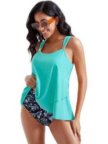 High Waisted Ruffle Tankini Swimsuit Plus Size Tummy Control - 藍色條紋 - 查看 11
