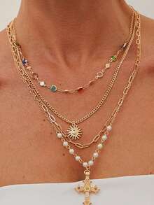 4pcs/Set 14k Gold Plated Multi-Layer Beaded Cross & Virgin Mary Necklace, Suitable For Vacation, Prayer, Baptism Wear - 4-piece Set Style 5 - View 10