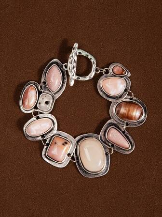 1Pc New ZA Bohemian Vintage Bracelets Women Fashion Golden Metal Hollow Link Charm Resin Statement Bracelets ﻿(Random Resin Color)