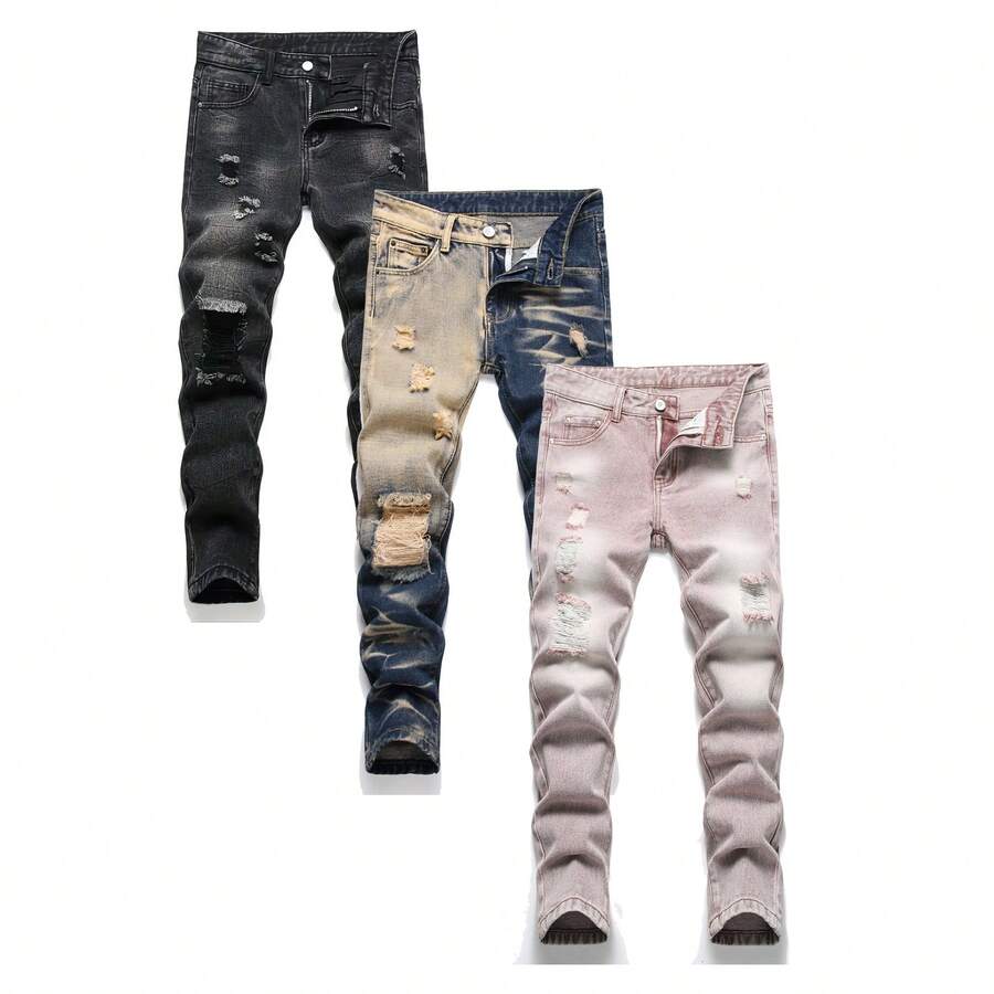 3 Pieces/Set Young Boys Retro Worn Casual Soft Basic Simple Style, Blue, Black, Pink Color, Denim Mid-Rise Pants - Pink - View 1