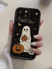 1pc Halloween Ghost & Pumpkin Lantern Pattern Phone Case With Precise Cutouts To Protect Camera, Shock-Proof Thick Black Cover For IPhone 11 Pro Max/12 Pro Max/13 Pro Max/14 Pro Max/15 Pro Max/16 Plus/16 Pro Max, 16E, Galaxy A55/A15/S24 Ultra/S25 Ultra, Redmi, OPPO/Realme, VIVO, Infinix, Honor, MOTO, One Plus