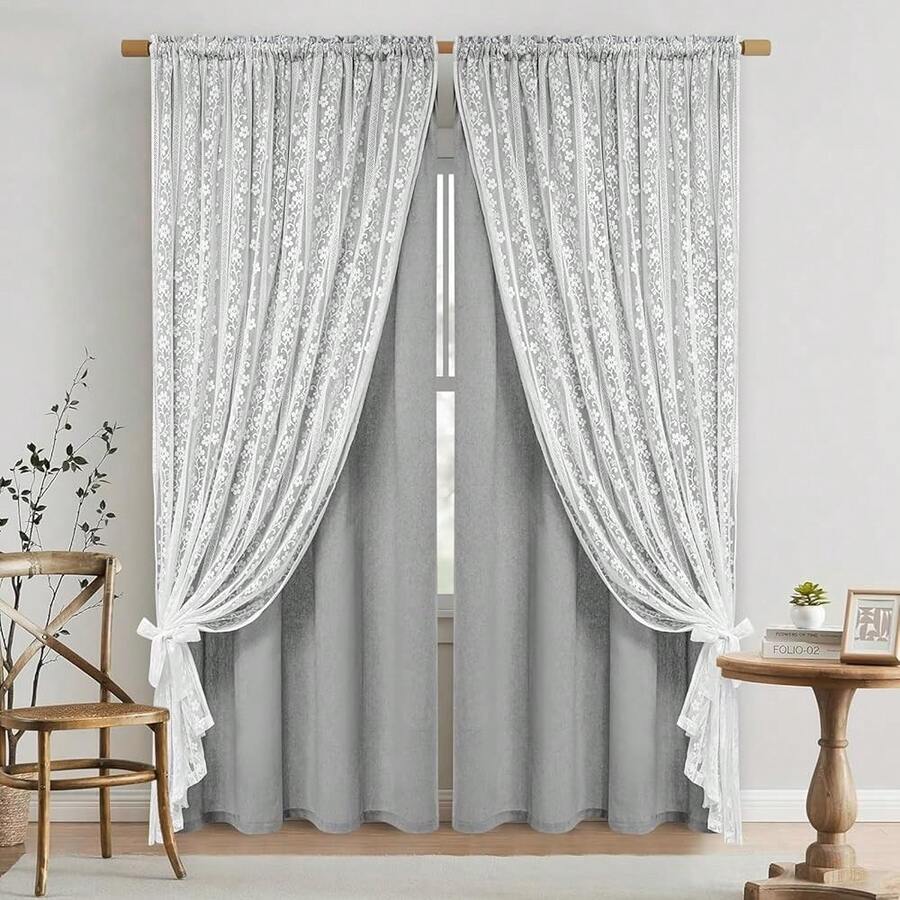 Linen Curtains For Bedroom, Double Layered Boho Curtain 84 Inch Length 2 Panels Set, Rod Pocket Curtains & Drapes With Tiebacks, Light Filtering Drapes For Living Room, 52 X 84 Inch, Grey - 灰色52Wx84L2包 - 查看 1