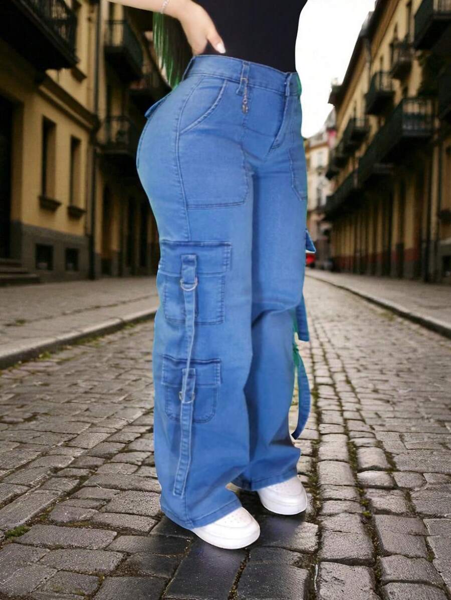 Pantalon jeans de mezclilla estilo corte ancho cargo cuatro bolsas con cordon stretch para dama mujer push up cintura alta urbano - Blench - Ver 1