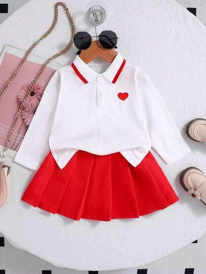 Autumn Baby Girls Polo Shirt Set, White Shirt With Red Trim & Heart Embroidery + Red Pleated Skirt 2pcs, Sweet And Chic, Suitable For Daily Wear, Events, Gifts