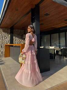 Women's Long Chiffon Dress With Long Sleeves, V-Neck, Ruffled Hem And Lining - Rosa Pálido - Ver 4