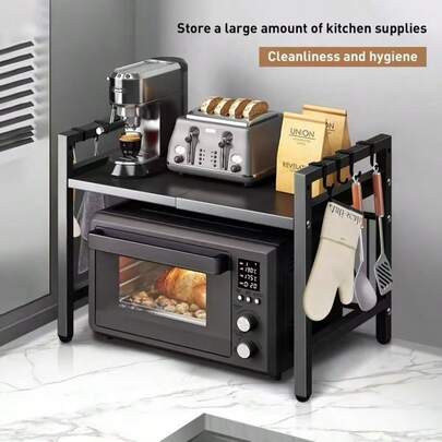 1pc Microwave Oven Rack, Large Capacity Microwave Shelf With 4 Hooks, Moisture And Rust Proof Material Microwave Stand Countertop, Kitchen Countertop