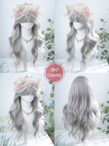 alicegarden 1 合成耐热假发，灰色长卷假发，带刘海，30 英尺长，由纤维制成，适合日常使用，自然仿真假发 - 灰色 - 查看 6
