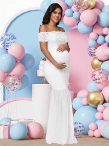 JustVH 孕妇花卉露肩连衣裙雪纺开衩下摆长袍适合迎婴派对优雅弹力长裙女装拍照