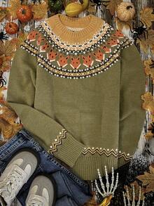 Vintage Autumn/Winter Fashion Elegant Casual Women's Top. Autumn/Winter Green Fairisle Fox Halloween Pattern Women's Knit Sweater. Casual Fall - Green - View 2