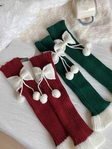 1/2 Paio di scaldamuscoli in maglia con fiocco e pon pon in rosso, verde, nero, bianco, versatili scaldamuscoli alti fino alla coscia, adatti per autunno, inverno, primavera, Natale