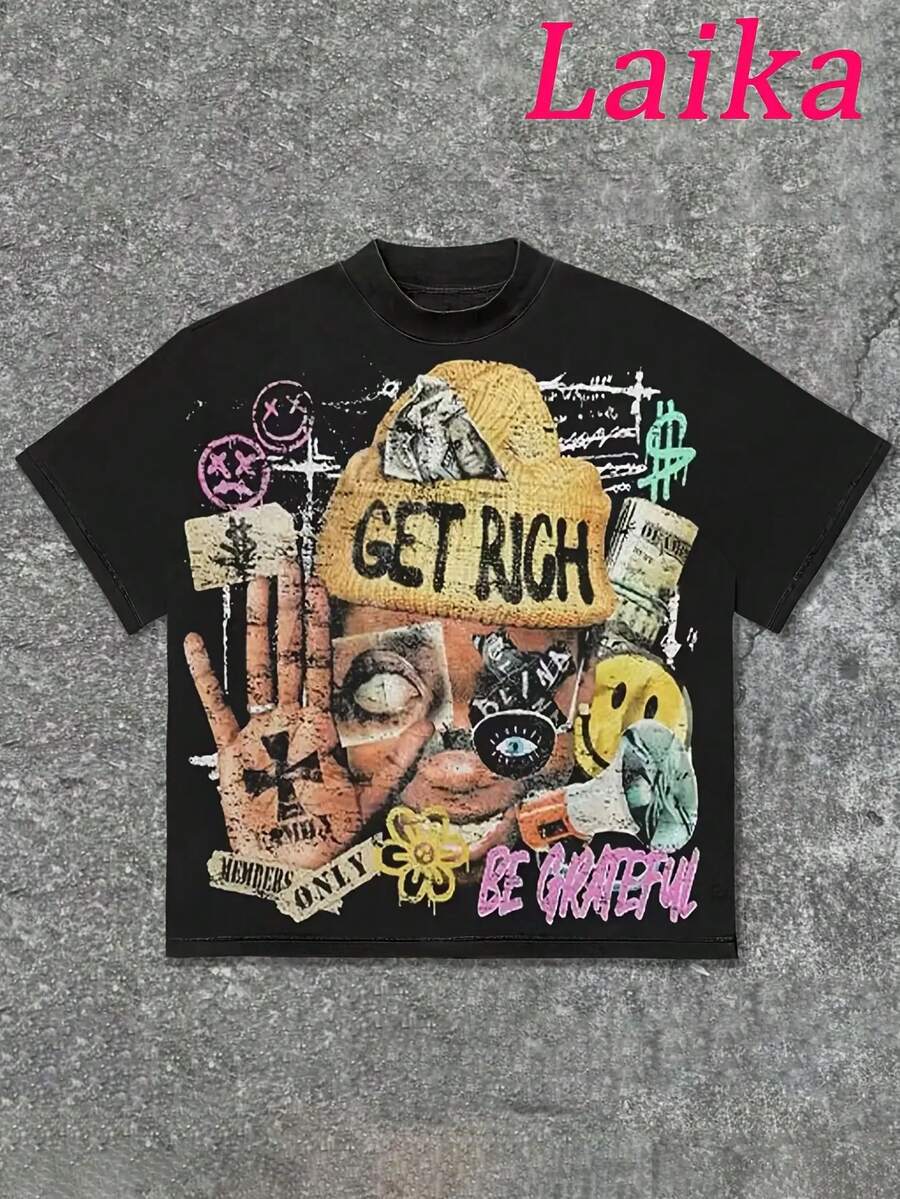 [Camiseta Motivacional Audaz] Camiseta Gráfica Y2K para Hombre - Diseño Motivacional de Dinero Audaz| Camiseta de moda urbana con eslogan GET RICH & LORD PROTECT MY FAMILY - Camiseta ligera de verano para moda urbana y atuendos casuales - Lavable a máquina, ajuste regular, cuello redondo, top con estampado desgastado, tela transpirable - Negro - Ver 1