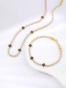 Bộ 2 chiếc vòng tay và vòng cổ bằng đồng Cubic Zirconia hình cỏ ba lá, thích hợp làm quà tặng cho phụ nữ, đeo hàng ngày - Cỏ bốn lá - Xem 12