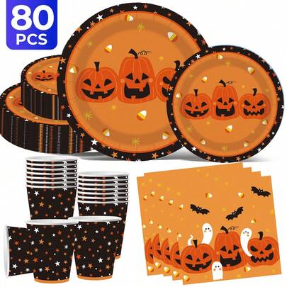 2025 Halloween Party Theme Disposable Tableware Set, Disposable Party Plate, Including 20 Person Set/10 Person Set, 7-Inch+9-Inch+Theme Paper Cup+Napkins, New Halloween Party Products! Birthday Party, Birthday Plates, Restaurant Decoration, Kitchen, Kitchen, Pumpkin, Witch, Bat, Spider, Skeleton, Ghost, Tombstone, Decorative Pendant.