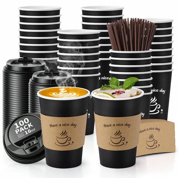 100 Pack Coffee Cups With Lids 16 OZ Disposable Coffee Cup For Hot And Cold Drinks, To Go Coffee Cups With Lids, Sleeves, Stir Straws, Black Paper Cup Set For Home, Travel, Office