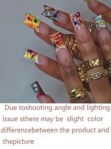 24 Pcs Long Square Detachable Portable Press On Nails Gift Box, Cool And Spicy White Rice Dumpling Color-Matching Crocodile Pattern Seven-Color Round Diamond Golden Star Personalized Gift, Essential For Banquets, Dusk Sunset Wave French Edge Fashionable Matching Detachable Nail Art With 1 Piece Of Jelly Glue And 1 File Strip Nail Supplies Nails - Multicolor - View 5