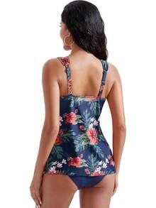 High Waisted Ruffle Tankini Swimsuit Plus Size Tummy Control - 海軍藍色花卉 - 查看 8