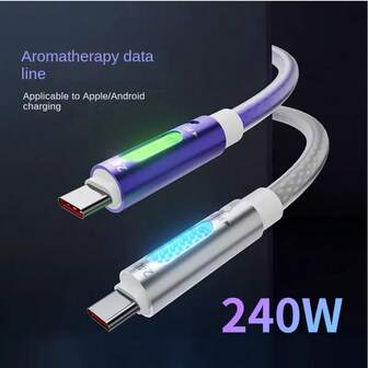 Cable de datos de carga rápida de 240W, cable de datos con luz ambiente, Tipo-C con doble puerto C, cable de datos de goma de silicona líquida con aromaterapia
