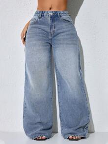 Jeans casuales de mujer de cintura baja, pierna ancha, bolsillos sesgados curvos, color azul, ropa de otoño