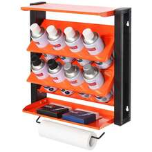 Soporte de pared metálico para botes de spray, organizador con 8 compartimentos, portarrollos y estantes para organizar garaje y taller.