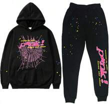American Hip-Hop Singer Letter Print Couple Sweatshirt Unisex Hoodie Set Black Casual Wear Vacation Wear Streetwear Fabric - K黑色粉紅pink - 查看 1